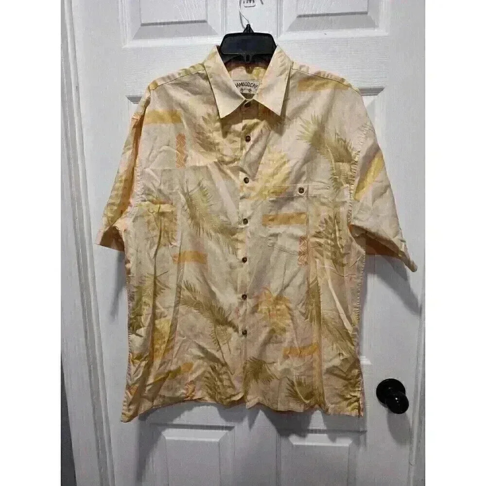 Bamboo Cay Shirt Men's Large Yellow Hawaiian Floral Resort Wear 100% Cotton Mint